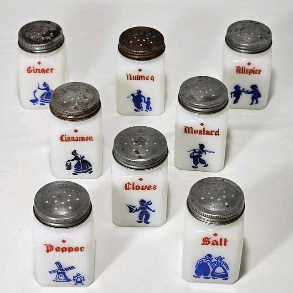 Atlas Other - Vintage Set OF 8 Hazel Atlas Milk Glass Dutch Spice Jars Set